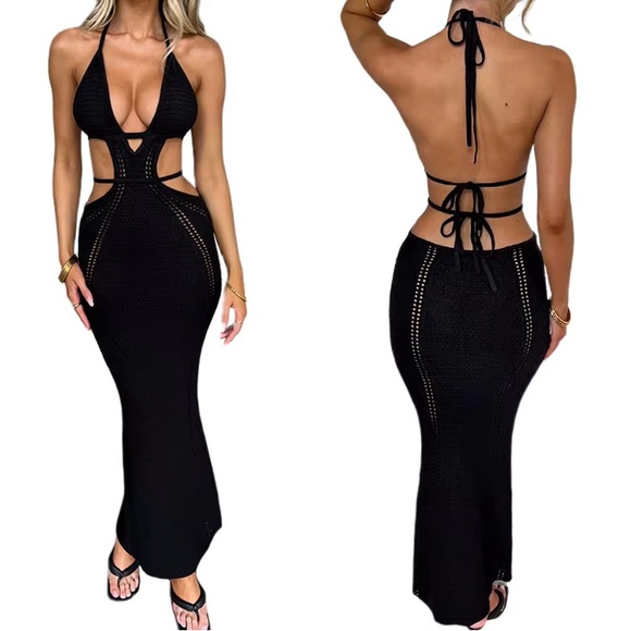 Boho Knitted Black Lightly Braided Dress Summer Coverup, Beach Babe Midi - Picture 2 of 6